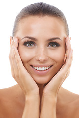 Image showing Portrait of happy woman, natural or skincare in studio for wellness with cosmetics, face or healthy glow. Facial dermatology, confident lady or model with smile or beauty results on white background