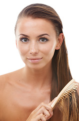 Image showing Hair care, brush and portrait of woman in a studio for natural, health and natural treatment. Beauty, wellness and young female person from Canada comb for hairstyle isolated by white background.