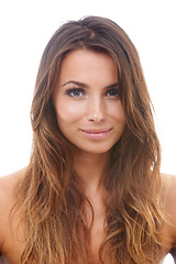 Image showing Hair care, beauty and portrait of woman in a studio for natural, health and cosmetic treatment. Salon, wellness and young female person from Canada with routine for hairstyle by white background.