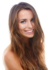 Image showing Hair care, beauty and portrait of happy woman in a studio for natural, health and treatment. Salon, wellness and young female person from Canada with routine for hairstyle by white background.