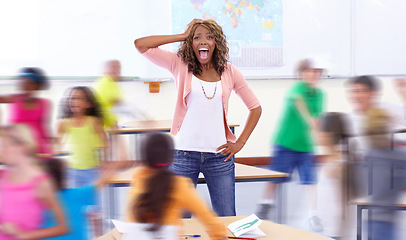 Image showing Headache, portrait or teacher in classroom with kids in school for noise, motion blur or children. Frustrated, students or black woman shouting with anxiety or stress for learning or teaching problem