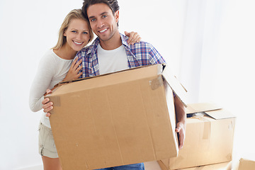 Image showing Smile, boxes and portrait of couple in new home living room for unpacking and moving together. Happy, love and young man and woman from Australia with cardboard packages in home or apartment.