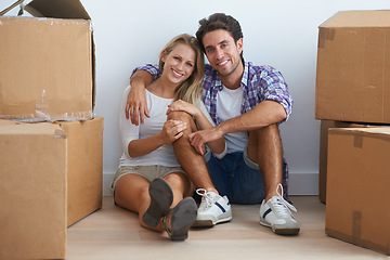 Image showing Smile, love and portrait of couple with boxes in new home living room for unpacking and moving together. Happy, relax and young man and woman from Australia with cardboard packages in apartment.