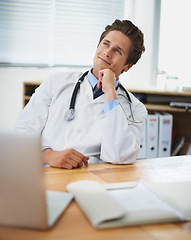 Image showing Computer, thinking and man doctor in his office for consultation with brainstorming for diagnosis treatment. Ideas, laptop and professional young male healthcare worker with decision face at hospital