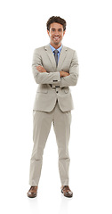 Image showing Happy businessman, portrait and fashion of professional standing against a white studio background. Handsome and attractive young male person smile with arms crossed for business attire or clothing