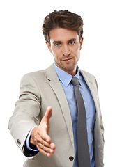 Image showing Business man, portrait and offer handshake for welcome, b2b deal and HR introduction in studio on white background. Worker shaking hands for support, thank you and congratulations for job recruitment