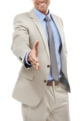 Image showing Business man, closeup or offer handshake for welcome, b2b deal or HR introduction in studio on white background. Worker shaking hands for opportunity, recruitment or congratulations for job interview