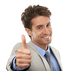 Image showing Thumbs up, portrait and business man with smile in studio for winning deal, success icon and trust agreement on white background. Face of worker, emoji sign and feedback of winner, vote or excellence