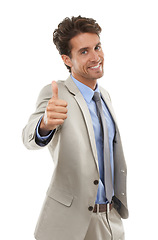 Image showing Portrait, happy business man or thumbs up in studio for winning deal, great success or agreement icon on white background. Worker, emoji sign or like of feedback, vote yes or thank you for excellence