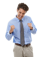 Image showing Excited businessman, fist pump and celebration for winning or success against a white studio background. Happy man or employee smile in joy for achievement, bonus or business promotion on mockup
