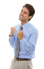 Image showing Happy businessman, fist pump and celebration for winning or success against a white studio background. Excited man or employee smile in joy for achievement, bonus or business promotion on mockup