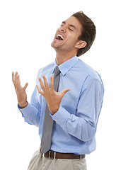 Image showing Happy businessman, celebration and winning in surprise, relief or success against a white studio background. Excited man or employee smile for good news in achievement, bonus or business promotion