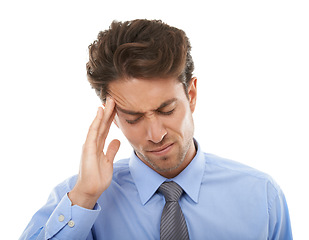 Image showing Business man, headache and pain in studio for burnout, stress and challenge on white background. Tired, confused and sick worker with crisis, brain fog and fatigue of vertigo, doubt mistake and fail