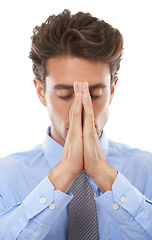 Image showing Business man, hands for praying and frustrated, serious crisis at law firm with fear for disaster on white background. Burnout, overworked and prayer, lawyer fail in case or mistake in a studio
