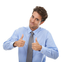 Image showing Thumbs up, portrait and happy business man in studio for winning deal, success icon and like agreement on white background. Worker, emoji sign and feedback of winner, vote yes and thank you for trust