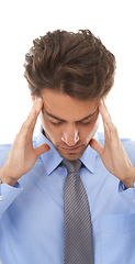 Image showing Business man, headache and pain in studio for burnout, stress and risk of mistake, vertigo and disaster on white background. Face of frustrated worker with brain fog, crisis of challenge and failure