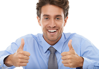 Image showing Thumbs up, portrait and excited business man in studio for winning deal, support icon or like agreement on white background. Winner, emoji sign or feedback of review, vote yes and thank you for trust