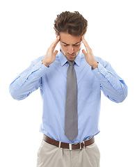 Image showing Business man, headache and stress in studio for burnout, pain and doubt mistake, vertigo and disaster on white background. Frustrated worker with brain fog, crisis and challenge of debt, fail or risk