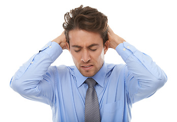 Image showing Business man, frustrated and stress in studio for burnout, anxiety and doubt mistake, vertigo and disaster on white background. Angry worker in crisis, challenge and risk of bankruptcy, debt and fail