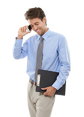 Image showing Happy businessman, phone call and conversation for communication or proposal on a white studio background. Man or employee smile and talking on mobile smartphone for business discussion on mockup