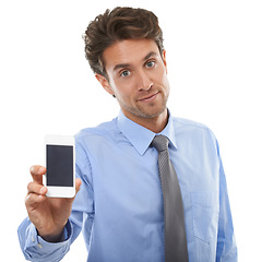 Image showing Portrait, business man and advertising phone screen in studio for deal, offer and sign up to newsletter on white background. Worker, smartphone app and mockup space for announcement, launch or UX ads