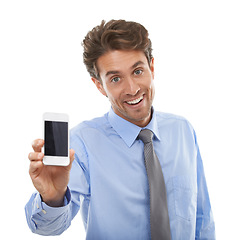 Image showing Portrait, happy business man or phone screen in studio for advertising deal, offer or sign up to newsletter on white background. Excited worker, mobile or mockup space for announcement, launch or ads