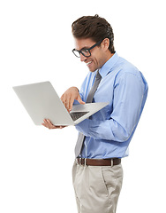 Image showing Excited businessman, laptop and trading for finance, surprise or alert on a white studio background. Man, employee or nerd with computer for communication, networking or accounting on mockup space