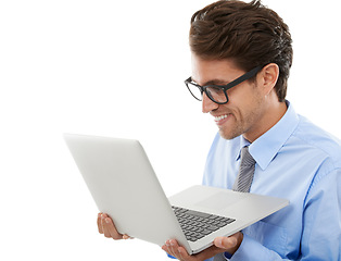 Image showing Happy businessman, laptop and reading email, social media or networking on a white studio background. Man, employee or nerd with computer for communication, research or online search on mockup space