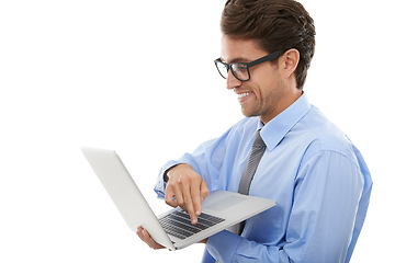 Image showing Happy businessman, laptop and reading social media, email or networking on a white studio background. Man, employee or nerd with computer for communication, research or online search on mockup space