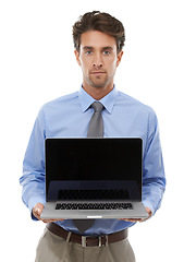 Image showing Portrait, business man and advertising laptop screen for deal, offer or sign up to newsletter in studio on white background. Serious worker, computer or mockup space to launch UX ads, review or promo
