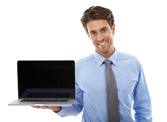 Image showing Portrait, business man and mockup on laptop screen in studio for deal, offer and newsletter coming soon on white background. Happy worker, computer and UI space for sign up, review and advertising UX