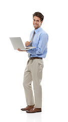 Image showing Business man with laptop, IT consultant and software upgrade in studio with technology and code on white background. Network, app development or tech support with connection, internet and programming