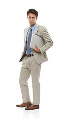 Image showing Man with laptop, IT consultant and portrait, software upgrade in studio with technology on white background. Network, app development or tech support business with connection, web and cyber security