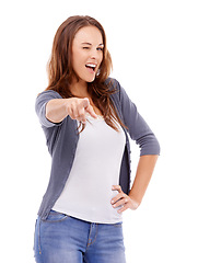 Image showing Woman, portrait pointing to you in studio with wink for choice, decision and vote for winner on white background. Happy model, blink and finger emoji for recruitment, hiring and attention for support