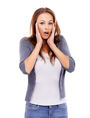 Image showing Woman in portrait, surprise face for announcement and shock with expression, emoji and alarm on white background. Wow, secret or revelation with news, reaction to drama or information in studio