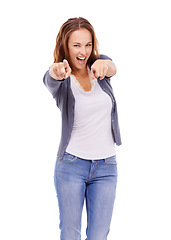Image showing Woman in studio, pointing at you and excited in portrait with choice, vote or offer on white background. Feedback, winner and decision with young model and hand gesture, accountability and promotion