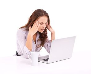 Image showing Woman in studio with headache, laptop glitch and burnout, technology fail on white background. Stress, frustrated and mistake online with migraine, 404 on internet with business website crisis