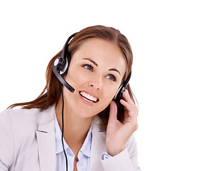 Image showing Woman, callcenter and headset for phone call with communication, telecom and CRM on white background. Customer service, telemarketing and help desk agent in studio with contact us and tech support