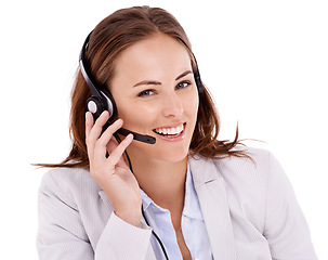 Image showing Woman in portrait, callcenter and headset for phone call with communication, telecom and CRM on white background. Customer service, telemarketing and help desk agent in studio for tech support