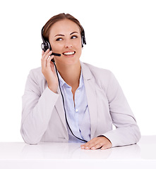 Image showing Woman, callcenter and headset with mic for phone call with communication, contact us and CRM on white background. Customer service, telemarketing and help desk agent in studio with smile and chat