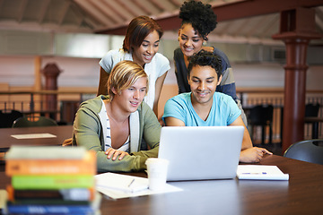 Image showing Teamwork, laptop or happy people studying in university, college or school campus for education. Library, elearning or group of students with scholarship, reading news, research or online course