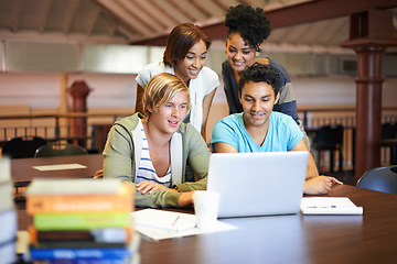 Image showing Teamwork, laptop or group of students studying in university, college or school campus for education. Library, elearning or happy people with scholarship, reading news, research or online course