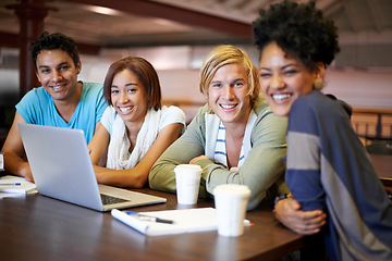 Image showing Diversity, laptop or portrait of happy people studying for school, university project or college education. Smile, elearning or group of students with teamwork or online course research for knowledge