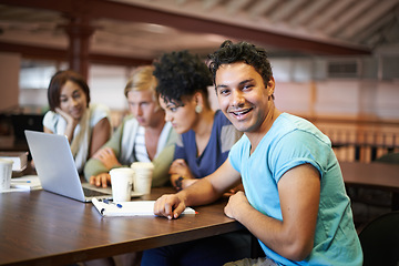 Image showing Group, laptop or portrait of happy man studying for school, university project or college campus education. Students, elearning or people with notes, teamwork or online course research for knowledge