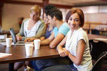 Image showing Happy woman, study group or portrait of students in school, university library or college campus for education. Laptop, elearning or people with smile, teamwork or support for online course research