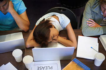 Image showing Classroom, students and high school girl for sleeping, laptop and tired with books, development or academy. Teenager, burnout and rest for learning, fatigue or scholarship with education assessment