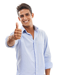 Image showing Portrait, man and thumbs up in studio for winner, achievement and celebrate agreement of deal on white background. Happy model, emoji and like sign for yes vote, feedback and thank you for excellence