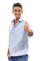 Image showing Happy man, thumbs up and success in studio for achievement, support and like emoji or yes hands. Portrait of creative person or model with good feedback and vote or okay emoji on a white background