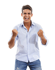 Image showing Professional man, winner and yes in studio for success, goals or achievement with startup job celebration. Excited person in portrait with fist, winning and screaming for news on a white background