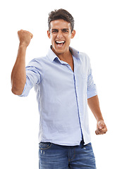 Image showing Business man, portrait and fist in studio for success, power or achievement with startup career celebration. Excited person or winner with yes, wow and winning, goals or news on a white background